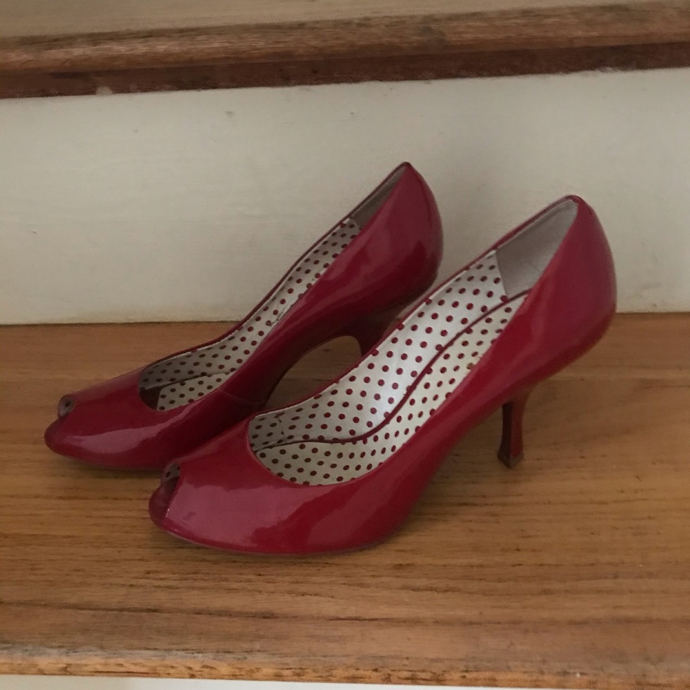 BCBG Red Patent Leather Peep Toe Heels